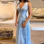 Xijun Sexy Blue Silk Satin Long Evening Dresses V-Neck Sleeveless Prom Dresses Saudi Araric Formal Occasion Prom Gowns Customize