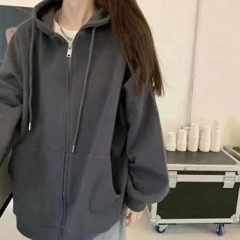 Autumn Fashion Solid Zipper Hoodie Women Warm Fleece Hooded Sweatshirt Casual Street Pocket Sportswear Oversized Female Clothing