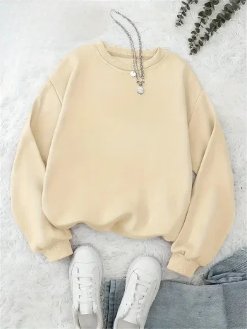 Beige Women's Cotton Hoodies Casual Autumn Winter Fleece Loose Sweatshirt Oversize Pullover O-Neck Tops Hoody Couple Unisex